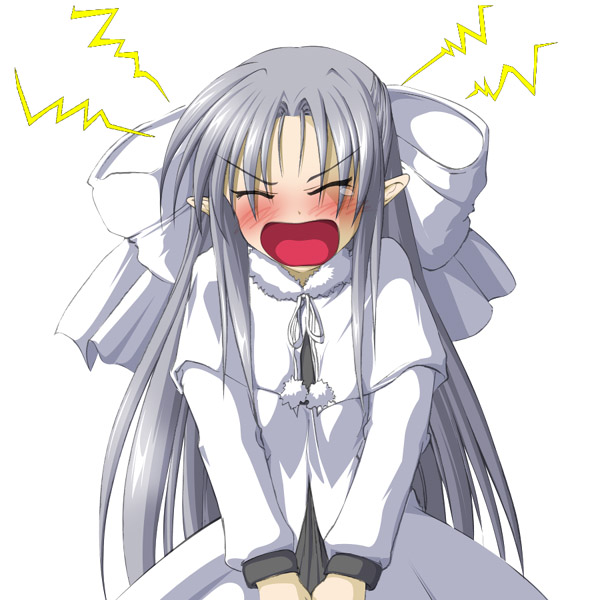 white len (tsukihime), melty blood, tsukihime, type-moon, 00s, 1girl, blush, female focus, half updo, pointy ears, red eyes, solo, tsundere, white hair