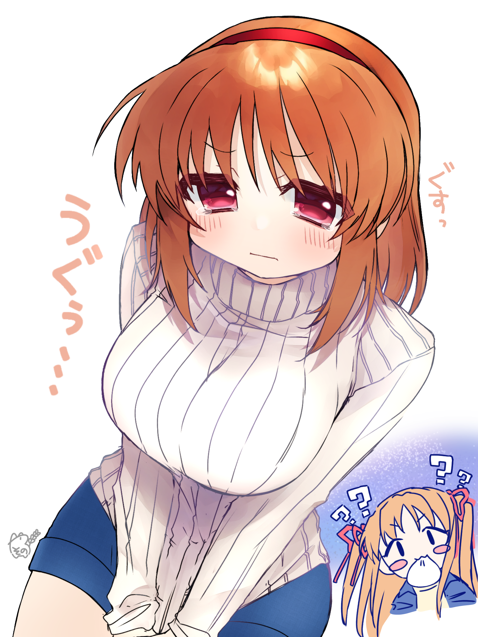 yasonomugi, sawatari makoto, tsukimiya ayu, kanon, commentary request, highres, ibispaint (medium), translated, 2girls, :|, ?, aged up, alternate breast size (larger), blue shorts, blush, blush stickers, breasts, brown hair, chibi, chibi inset, closed mouth, cowboy shot, dutch angle, food, food in mouth, furrowed brow, hair ribbon, hairband, large breasts, long hair, looking at viewer, medium hair, multiple girls, orange hair, red eyes, red hairband, red ribbon, ribbed sweater, ribbon, shorts, signature, simple background, sleeves past wrists, solo focus, steamed bun, sweater, tearing up, tears, turtleneck, turtleneck sweater, two side up, v-shaped eyebrows, v arms, white background, white sweater, | |