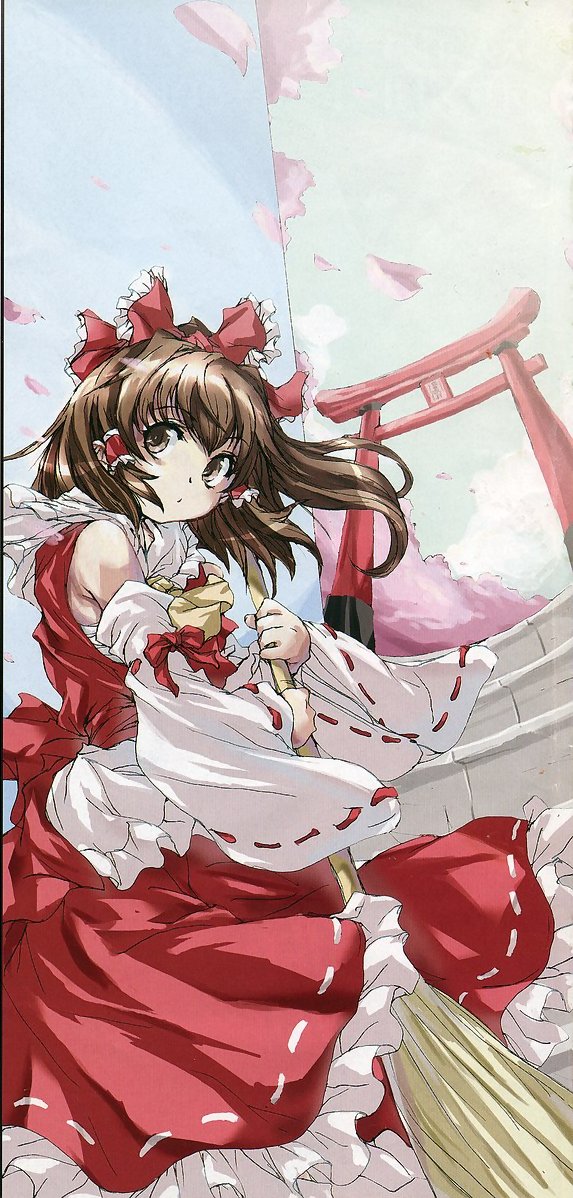 hakurei reimu, touhou, 1girl, broom, female focus, japanese clothes, miko, nature, outdoors, plant, sky, solo, sweeping, torii