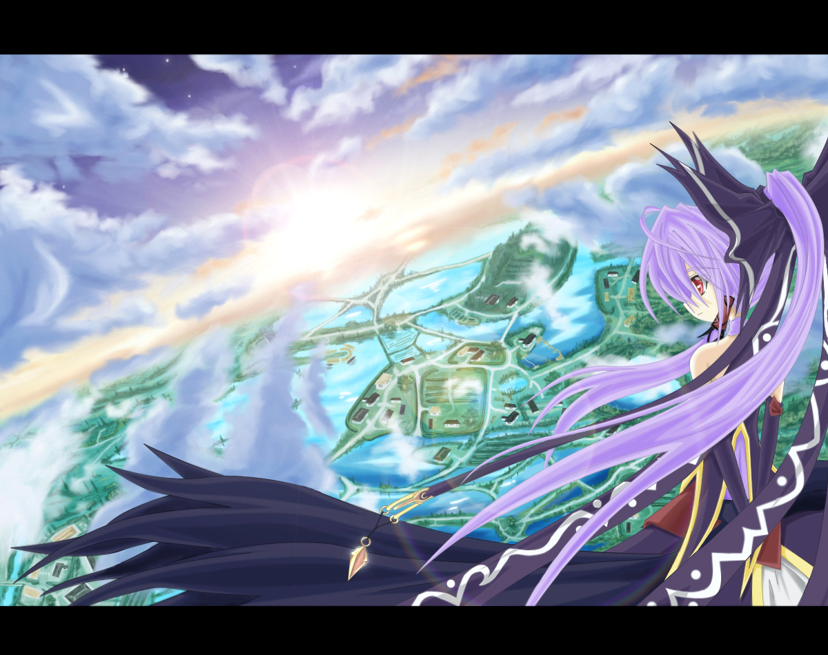 hakurei reimu, meimu, original, touhou, 1girl, cloud, dress, female focus, from behind, gensokyo, hair ribbon, letterboxed, long hair, purple hair, red eyes, ribbon, scenery, sky, solo, sun