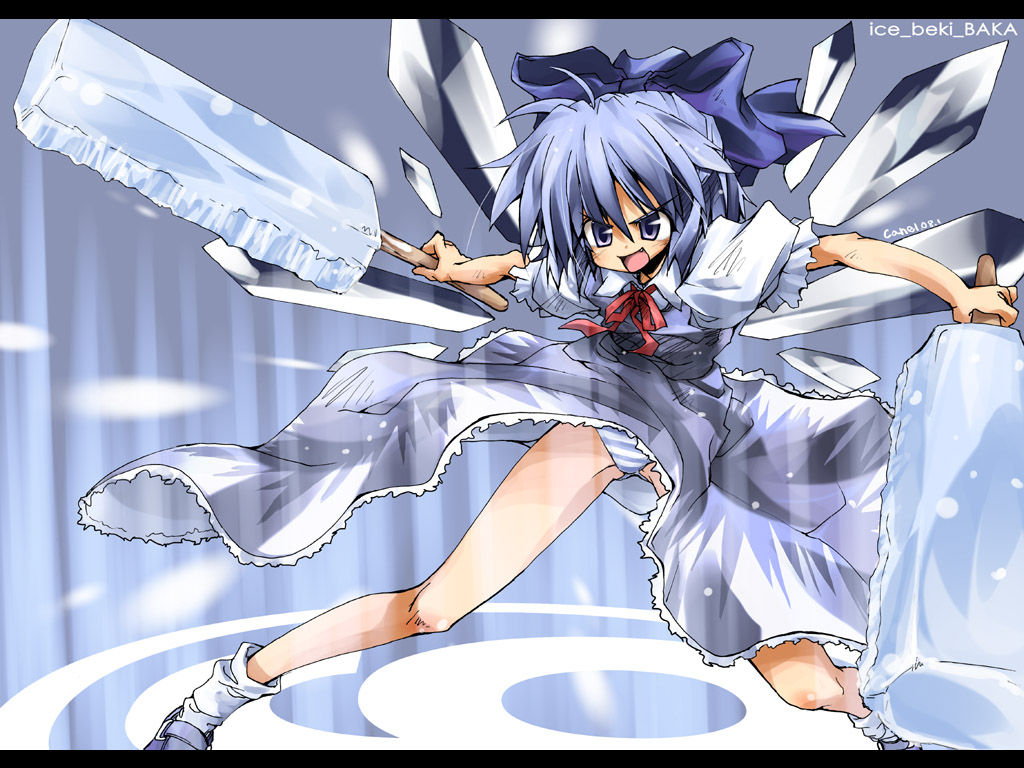 delusion overdose, matsuno canel, cirno, phantasmagoria of flower view, touhou, 1girl, ahoge, angry, blue eyes, blue hair, blush, bow, circled 9, crystal sword, dress, dual wielding, fang, female focus, fighting stance, food, frills, hair bow, holding, ice, legs, letterboxed, magic, matching hair/eyes, open mouth, panties, pantyshot, popsicle, ribbon, shoes, short hair, signature, socks, solo, standing, striped clothes, striped panties, sword, underwear, weapon, wind, wind lift, wings