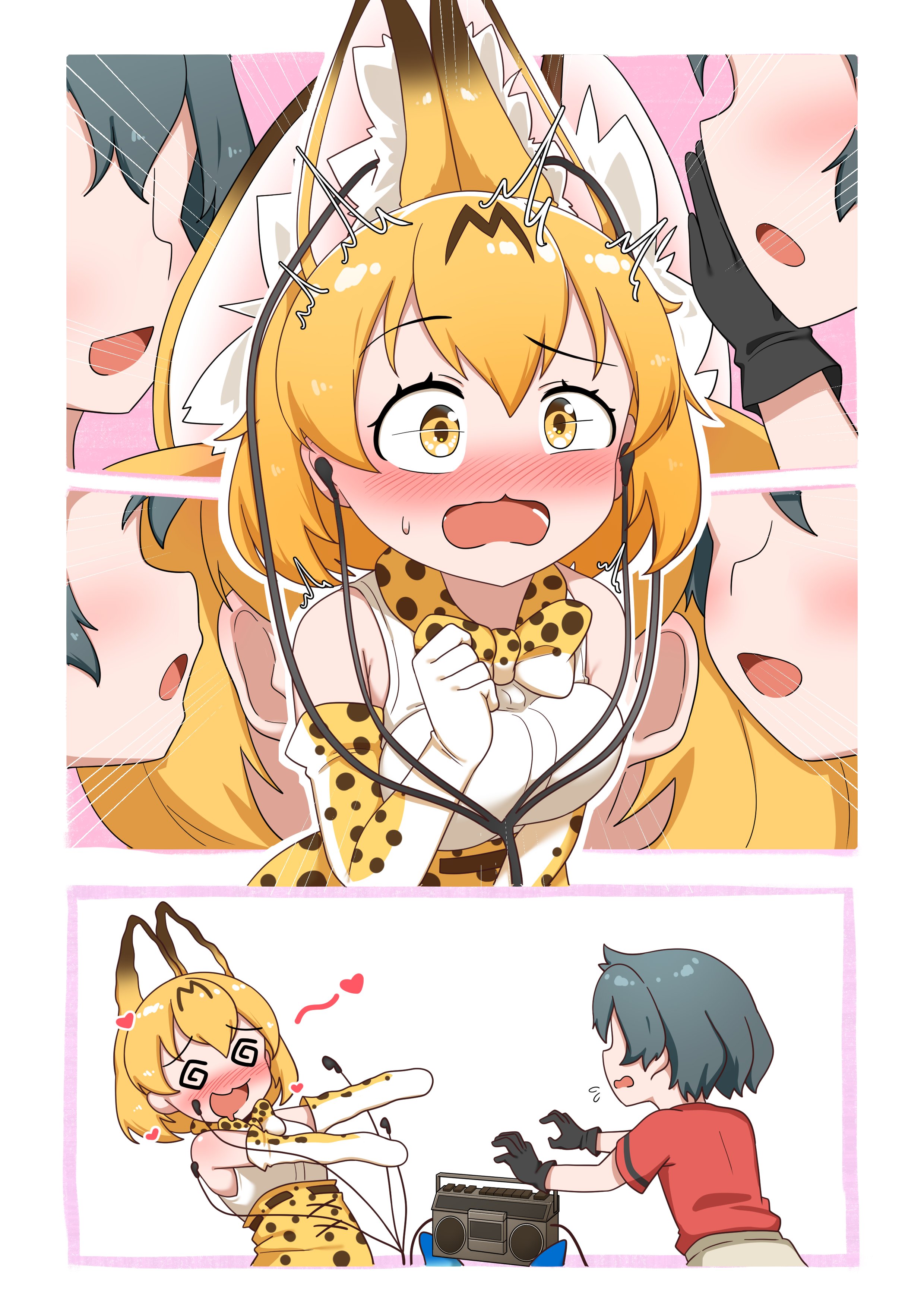 chis (js60216), kaban (kemono friends), lucky beast (kemono friends), serval (kemono friends), tagme, 2girls, ?, animal ears, animal print, asmr, black gloves, black hair, blonde hair, blue eyes, blush, boombox, bow, bowtie, cat ears, earphones, embarrassed, gloves, microphone, multiple girls, red shirt, serval ears, shirt, stereo, sweatdrop, symbol-shaped pupils, whispering