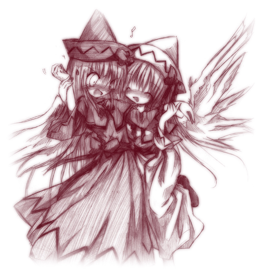 izumi yukiru, lily black, lily white, touhou, 2girls, blush, dress, dual persona, female focus, hat, monochrome, multiple girls, red theme, wings