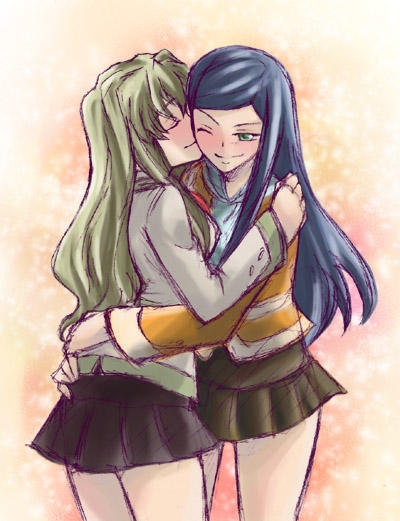 fujino shizuru, kuga natsuki, my-hime, non-web source, 00s, 2girls, blush, couple, hug, kiss, multiple girls, one eye closed, school uniform, serafuku, wink, yuri