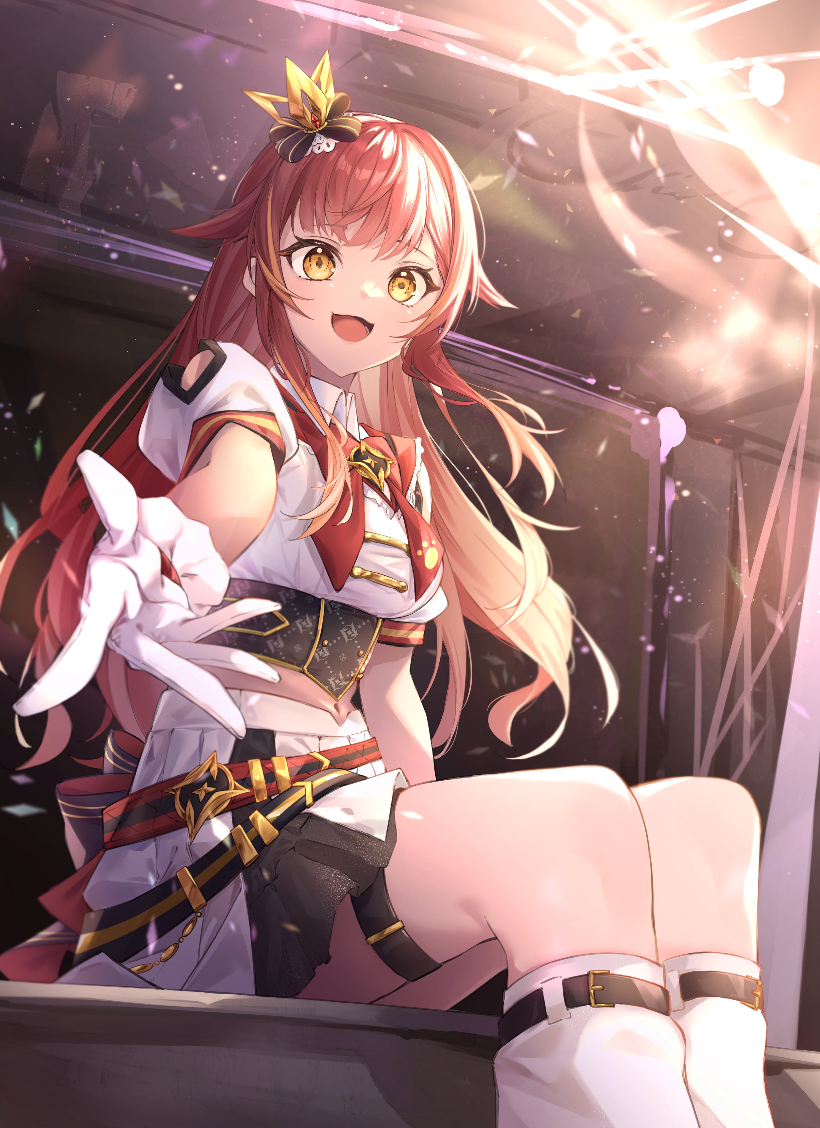 taaka, nekota tsuna, vspo!, absurdres, highres, 1girl, belt, bow, falling petals, gloves, long hair, looking at viewer, midriff, navel, open mouth, petals, red hair, shirt, short sleeves, sitting, skirt, smile, socks, solo, thigh strap, virtual youtuber, white gloves, white shirt, white skirt, white socks, yellow eyes