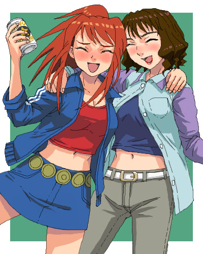 sagisawa youko, sugiura midori, my-hime, lowres, non-web source, 00s, alcohol, beer, beer can, belt, blouse, blush, breasts, brown hair, can, cleavage, closed eyes, crop top, denim, denim skirt, drink can, drunk, jacket, lipstick, long hair, makeup, midriff, navel, open clothes, open jacket, pants, red hair, red shirt, shirt, short hair, skirt, tank top