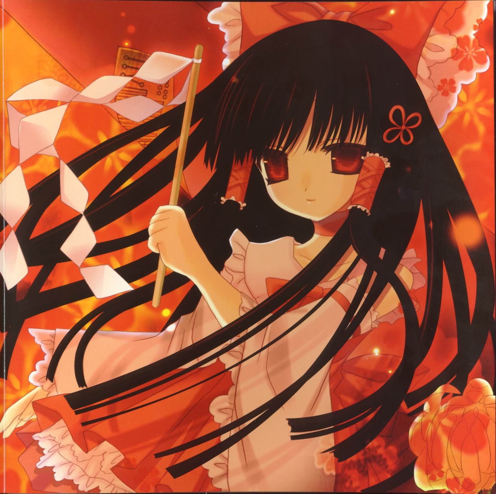 hakurei reimu, perfect cherry blossom, touhou, highres, 1girl, female focus, gohei, gradient background, japanese clothes, miko, solo