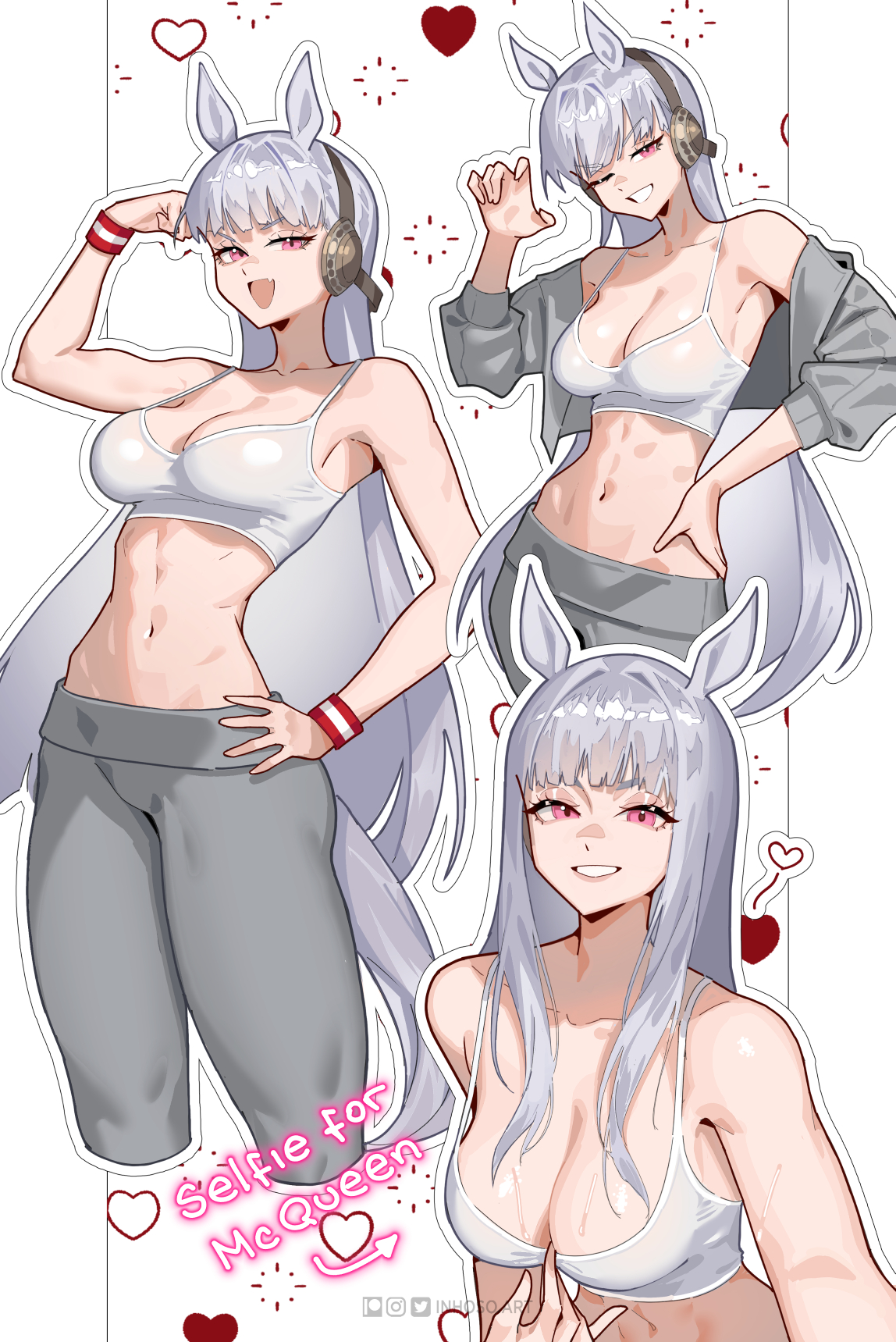 inhoso, gold ship (umamusume), umamusume, highres, 1girl, blunt bangs, blush, bra, flexing pectorals, grey pants, grin, horse girl, horse tail, long hair, looking at viewer, muscular, muscular female, navel, open clothes, pants, purple eyes, smile, stomach, tail, underwear, white bra, white hair, yoga pants