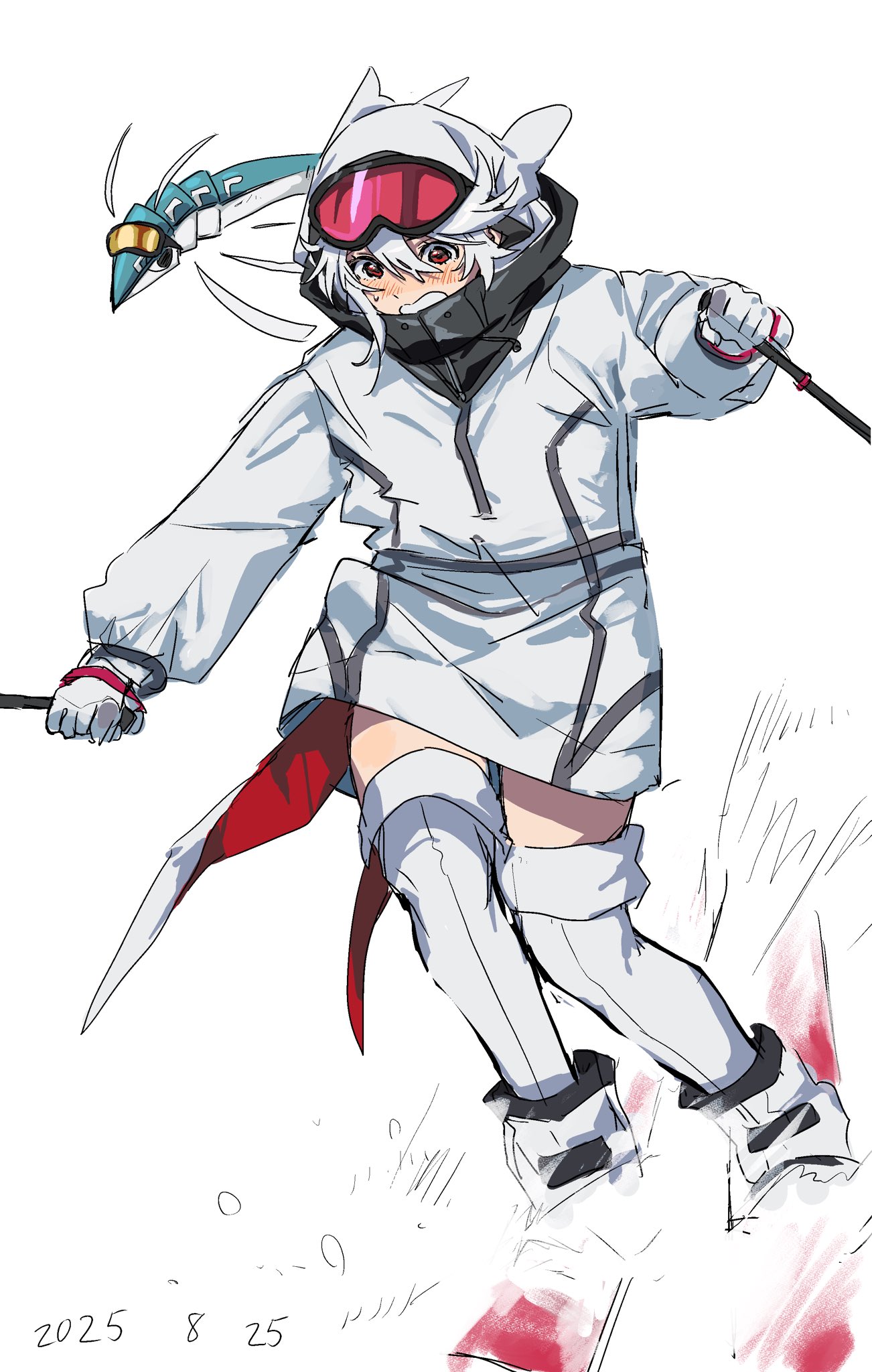takatisakana, n-villio, shy (character), shy (series), highres, 1girl, 2025, blush, bracelet, coat, goggles, goggles on head, hair between eyes, heart-shift bracelets, holding, holding pole, hood, hood up, hooded coat, jewelry, messy hair, non-humanoid robot, pole, red eyes, robot, short hair, simple background, skiing, skis, sweatdrop, thighhighs, white background, white coat, white hair, white thighhighs, winter clothes, winter coat