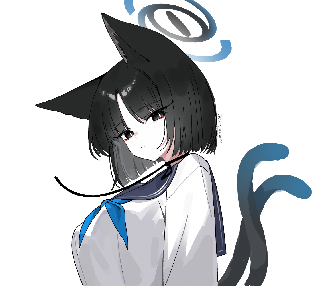 dandandanholo, kikyou (blue archive), blue archive, 1girl, animal ears, black eyes, black hair, black sailor collar, blue neckerchief, breasts, bright pupils, cat ears, cat girl, cat tail, choker, halo, multiple tails, neck ribbon, neckerchief, ribbon, ribbon choker, sailor collar, school uniform, serafuku, short hair, simple background, solo, tail, two tails, white background, white pupils