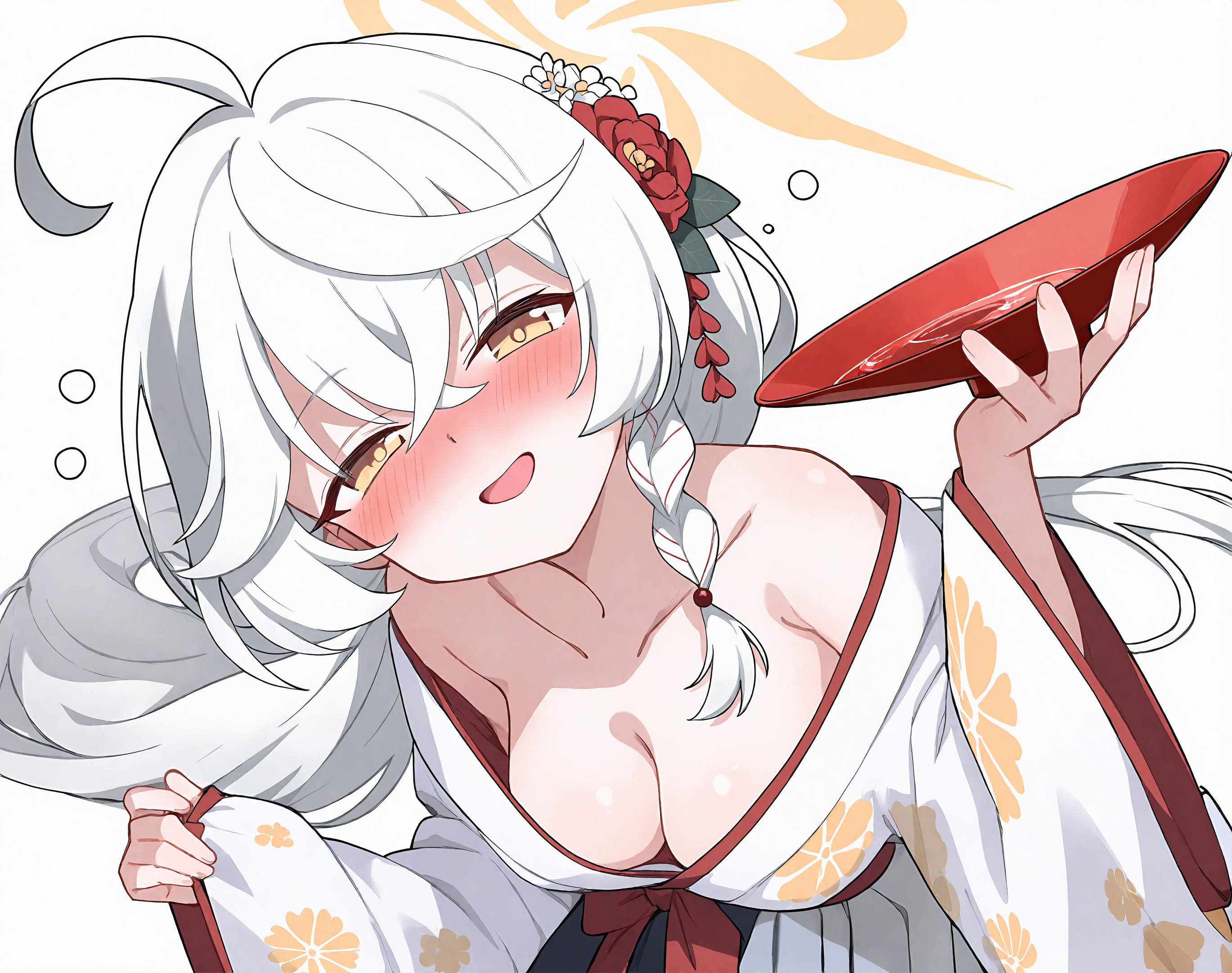 eri (blue archive), blue archive, commentary request, highres, 1girl, :d, ahoge, alcohol, bare shoulders, blush, breasts, cleavage, cup, drunk, floral print, flower, from above, hair flower, hair ornament, half-closed eyes, halo, japanese clothes, kimono, laomseiii, large breasts, leaning forward, long hair, looking at viewer, no headwear, nose blush, open mouth, ponytail, sakazuki, simple background, smile, solo, squeans, very long hair, wavy hair, white background, white kimono