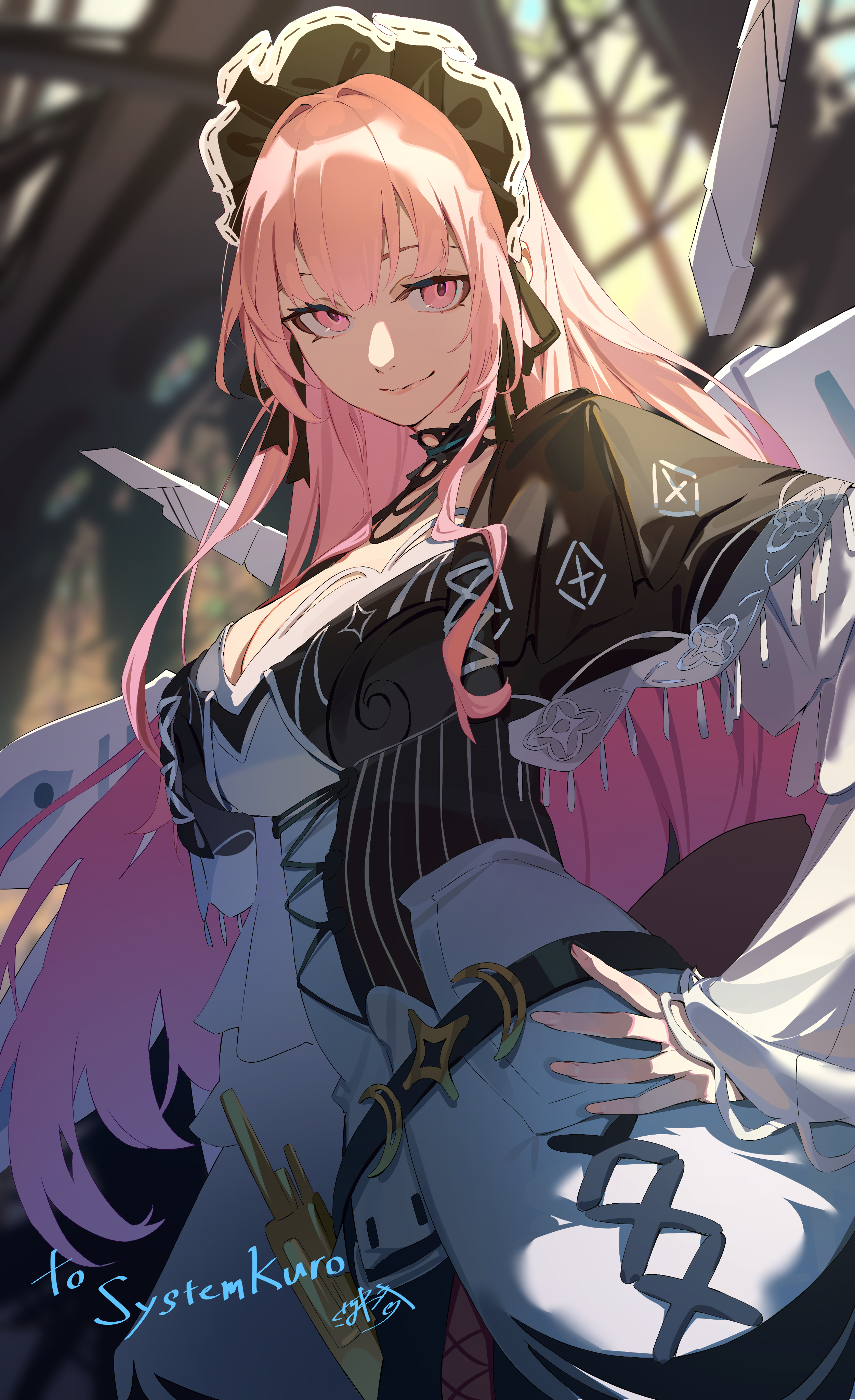 ibaraki shun, original, absurdres, commission, highres, skeb commission, 1girl, blurry, blurry background, breasts, capelet, cleavage, dress, hand on own hip, headdress, large breasts, long hair, looking at viewer, mechanical wings, pink eyes, pink hair, smile, solo, two-tone dress, wings