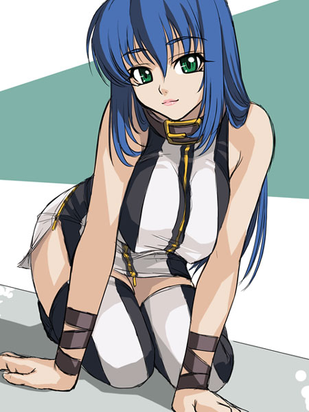 kagami hirotaka, emina (emina&aki), emina&aki, original, 1girl, blue hair, boots, breasts, breasts squeezed together, choker, collar, female focus, green eyes, huge breasts, long hair, solo, thigh boots, thighhighs, zipper