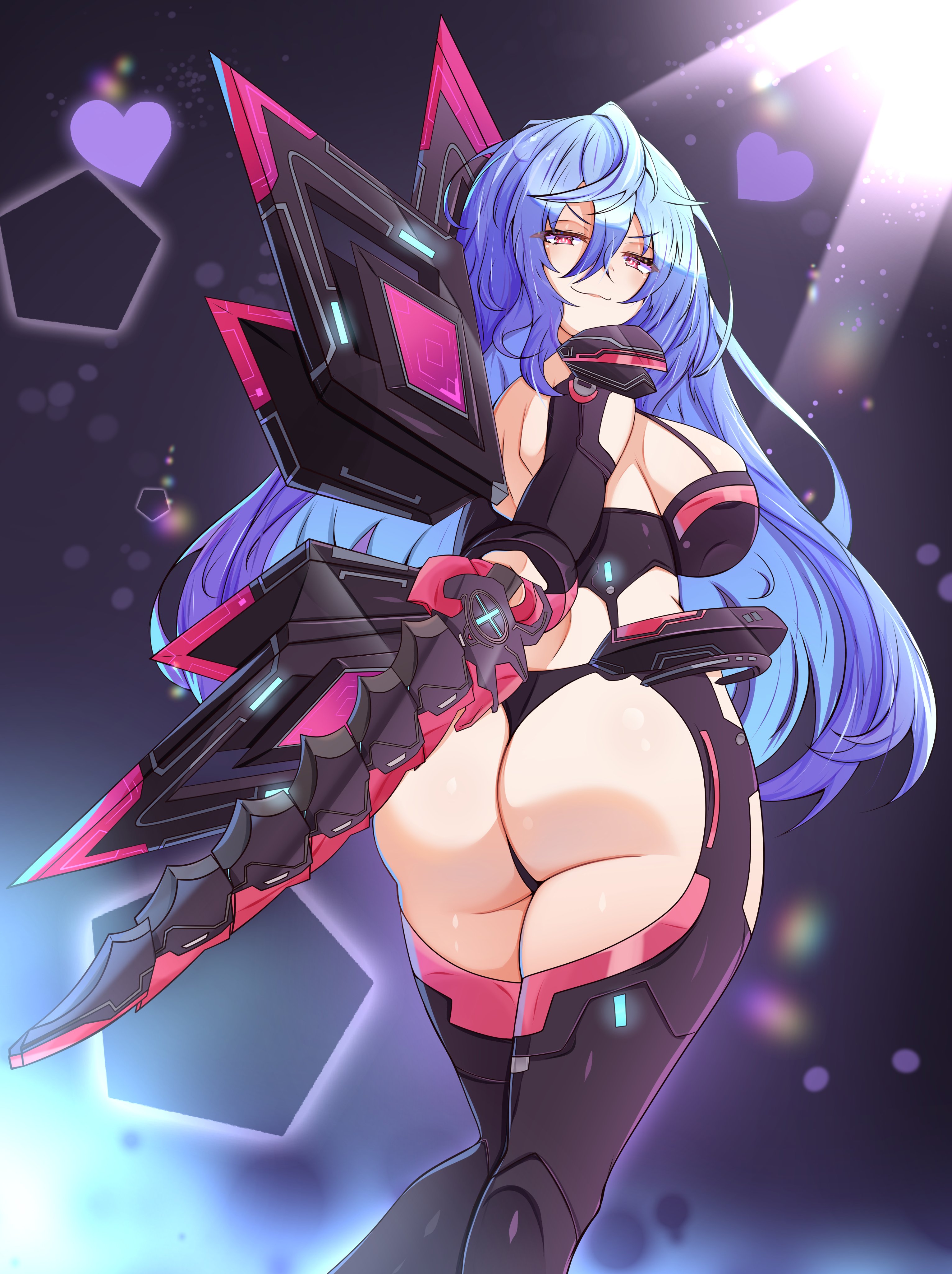 mrrollingcircle, iris heart, pururut, kami jigen game neptune v, neptune (series), absurdres, highres, 1girl, ass, black leotard, blue hair, breasts, elbow gloves, from behind, gloves, heart, large breasts, leotard, long hair, looking at viewer, looking back, pink eyes, power symbol, power symbol-shaped pupils, red eyes, shiny skin, smile, solo, standing, symbol-shaped pupils, thighhighs, very long hair