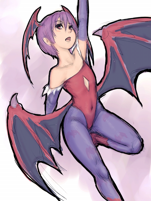 fumio (rsqkr), lilith (darkstalkers), capcom, darkstalkers, 1girl, animal print, bat print, blush, demon girl, elbow gloves, female focus, flat chest, gloves, head wings, leotard, pantyhose, patterned legwear, print pantyhose, purple hair, purple pantyhose, red eyes, red leotard, short hair, solo, thighs, wings