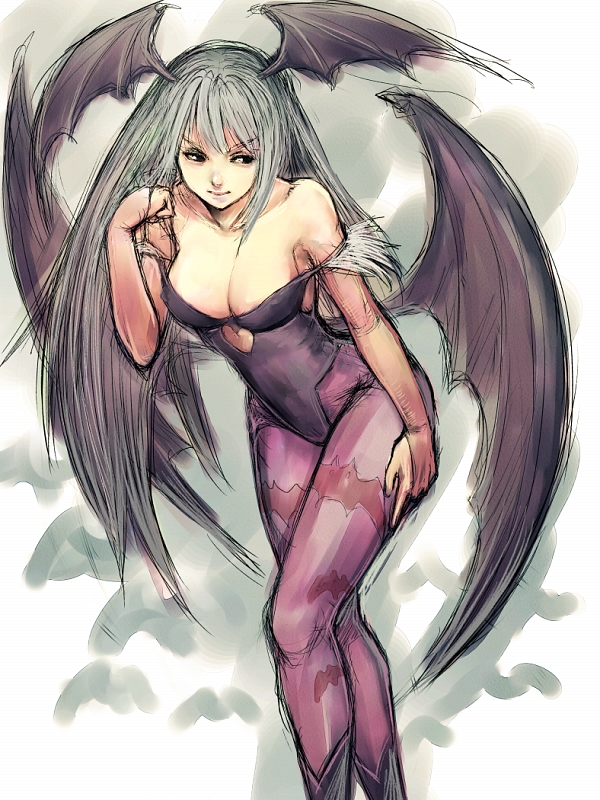 fumio (rsqkr), morrigan aensland, capcom, darkstalkers, 1girl, animal print, bat print, boots, breasts, bridal gauntlets, cleavage, demon girl, elbow gloves, female focus, gloves, green hair, head wings, large breasts, off shoulder, pantyhose, patterned legwear, print pantyhose, solo, wings