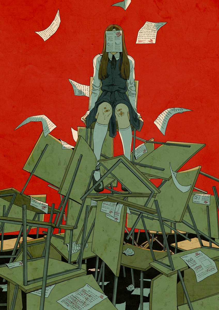 ionomycin, original, commentary, english commentary, highres, 1girl, academic test, bandaid, bandaid on knee, bandaid on leg, black ribbon, black shoes, black skirt, black sweater vest, brown hair, chair, collared shirt, covered face, falling paper, kneehighs, long hair, long sleeves, mary janes, neck ribbon, on chair, parted hair, pile of chairs, red background, ribbon, school chair, shirt, shoes, simple background, sitting, skirt, socks, solo, sweater vest, test score, white shirt, white socks