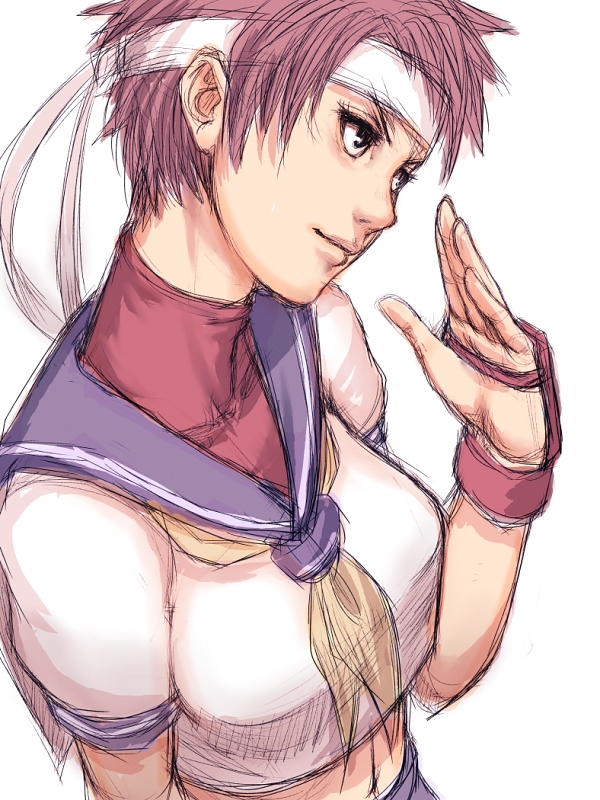 fumio (rsqkr), kasugano sakura, capcom, street fighter, 1girl, blue sailor collar, female focus, headband, sailor collar, school uniform, serafuku, short hair, sketch, solo