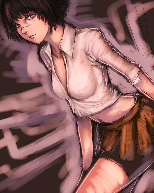 fumio (rsqkr), lady (devil may cry), capcom, devil may cry (series), 00s, 1girl, bike shorts, blouse, collared shirt, female focus, heterochromia, shirt, short hair, skirt, solo, white shirt
