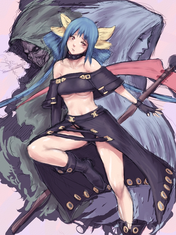 fumio (rsqkr), dizzy (guilty gear), necro (guilty gear), testament (guilty gear), undine (guilty gear), arc system works, guilty gear, guilty gear x, guilty gear xx, 1girl, asymmetrical wings, bare shoulders, blue hair, boots, bow, breasts, collar, cosplay, fingerless gloves, gloves, hair bow, head tilt, leg lift, long hair, midriff, panties, pantyshot, red eyes, scythe, testament (cosplay), testament (guilty gear) (cosplay), twintails, underboob, underwear, wings