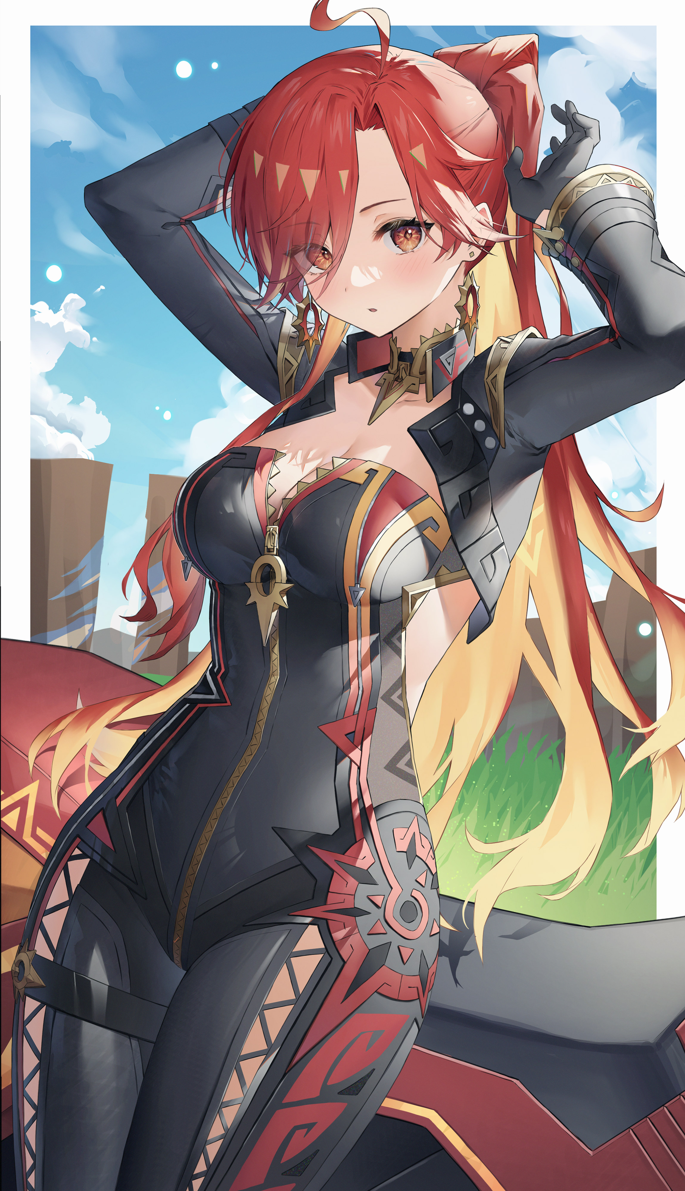 myske (myst34415756), mavuika (genshin impact), genshin impact, absurdres, highres, 1girl, ahoge, biker clothes, bikesuit, black bodysuit, black gloves, blue sky, bodysuit, breasts, cleavage, cloud, day, earrings, gloves, grass, jewelry, large breasts, long hair, long sleeves, looking at viewer, motor vehicle, motorcycle, multicolored hair, orange hair, outdoors, red hair, sky, solo, strapless bodysuit, sun earrings, symbol in eye, two-tone hair, very long hair