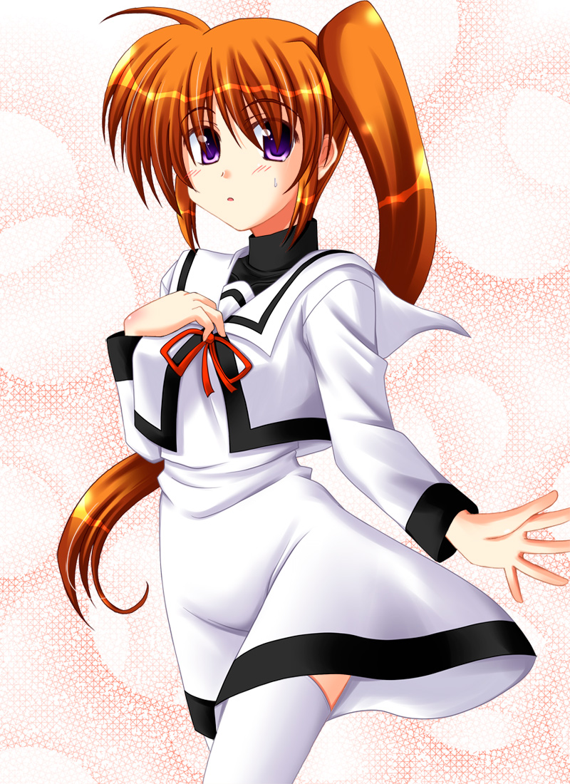 takamachi nanoha, lyrical nanoha, mahou shoujo lyrical nanoha, mahou shoujo lyrical nanoha a's, 00s, 1girl, brown hair, dress, female focus, long hair, purple eyes, red hair, school uniform, serafuku, side ponytail, solo, sweatdrop, thighhighs