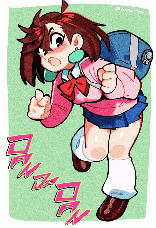 osa (osavocaloid), ayase momo, dandadan, 1girl, bag, black choker, blue skirt, blush, bow, bowtie, brown eyes, brown hair, brown shoes, choker, copyright name, crossed bangs, earrings, full body, green background, hair behind ear, hair between eyes, jewelry, kami high school uniform, long sleeves, looking at viewer, loose socks, miniskirt, open mouth, pink sweater, pleated skirt, red bow, red bowtie, school bag, school uniform, shoes, short hair, skirt, socks, solo, standing, standing on one leg, sweater, teeth, twitter username, upper teeth only, white socks