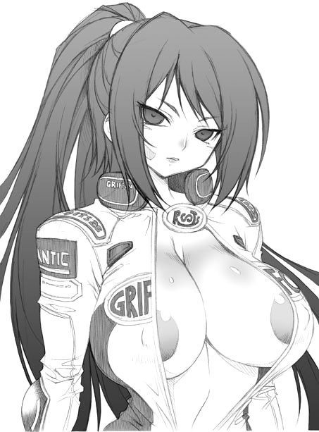 onomeshin, dj sakura, sakura (beatmania iidx), beatmania iidx, beatmania iidx 11 iidx red, bemani, 1girl, areola slip, biker clothes, bikesuit, blush, bodysuit, breasts, covered erect nipples, female focus, greyscale, huge breasts, large areolae, large breasts, monochrome, open bodysuit, open clothes, open shirt, ponytail, race queen, shirt, sketch, solo, unzipped
