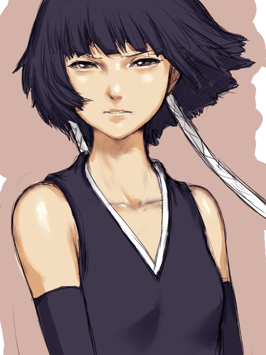 fumio (rsqkr), sui-feng, bleach, 00s, 1girl, black hair, female focus, gloves, half-closed eyes, short hair with long locks, sketch, solo, twintails