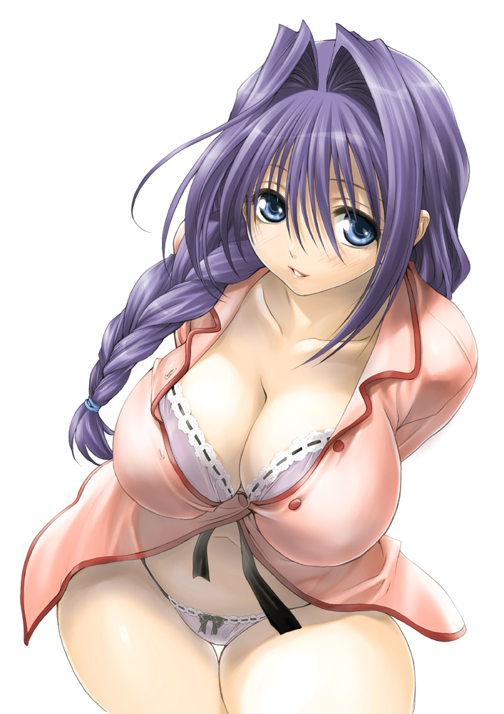 mitarashi kousei, minase akiko, kanon, 1girl, babydoll, blue eyes, blue hair, blush, bra, braid, breasts, cleavage, curvy, female focus, hair intakes, huge breasts, lace, leaning forward, lingerie, long hair, looking at viewer, matching hair/eyes, mature female, navel, open clothes, open shirt, panties, purple hair, shirt, sidelocks, solo, thigh gap, thighs, thong, underwear