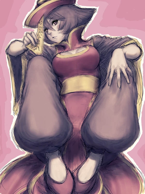 fumio (rsqkr), hsien-ko, capcom, darkstalkers, 1girl, blue skin, breasts, cleavage, colored skin, female focus, flipped hair, jiangshi, large breasts, solo