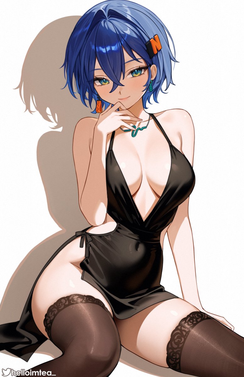 helloimtea, belle (zenless zone zero), zenless zone zero, commentary, english commentary, highres, paid reward available, 1girl, alternate costume, bare shoulders, black dress, black thighhighs, breasts, cleavage, closed mouth, collarbone, covered navel, dress, earrings, hair between eyes, hair intakes, hair ornament, hand up, jewelry, letter hair ornament, looking at viewer, medium breasts, necklace, no panties, simple background, smile, solo, thighhighs, thighs, twitter username, white background
