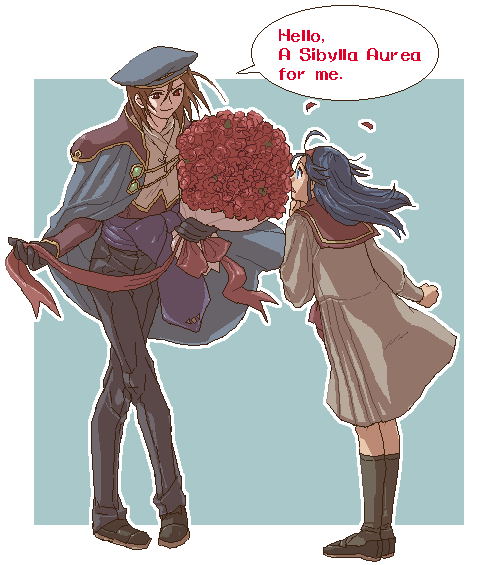 anubituf (simoun), guragief (simoun), simoun, 00s, 1boy, 1girl, androgynous, english text, engrish text, flower, genderswap, genderswap (ftm), oekaki, ranguage, school uniform, serafuku, skirt