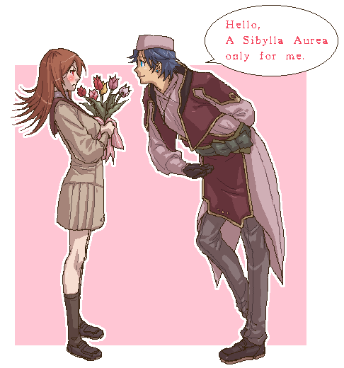 anubituf (simoun), guragief (simoun), simoun, black legwear, 00s, 1boy, 1girl, blush, bouquet, english text, engrish text, flower, from side, full body, genderswap, genderswap (ftm), holding, holding bouquet, miniskirt, oekaki, ranguage, school uniform, serafuku, skirt, socks, speech bubble, standing