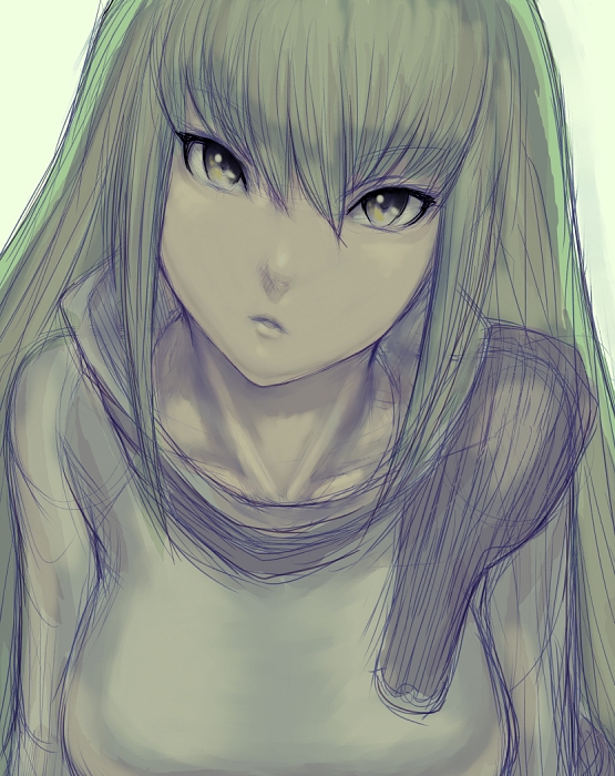 fumio (rsqkr), c.c., code geass, 00s, 1girl, female focus, green hair, head tilt, lips, looking at viewer, sketch, solo, tsurime, yellow eyes