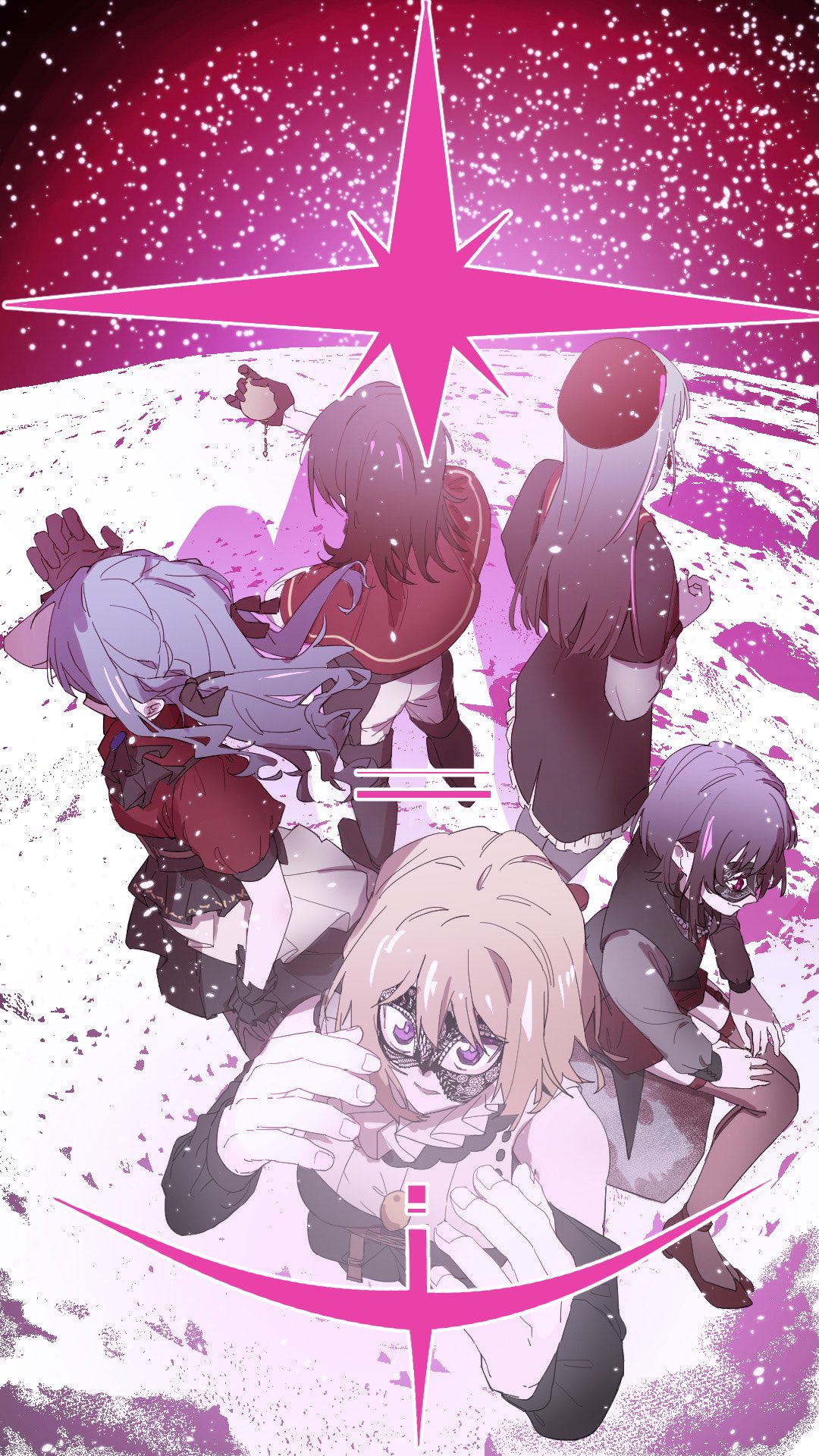 amoris (bang dream!), doloris (bang dream!), misumi uika, mortis (bang dream!), mortis (costume) (bang dream!), oblivionis (bang dream!), timoris (bang dream!), togawa sakiko, wakaba mutsumi, yahata umiri, yuutenji nyamu, ave mujica (bang dream!), bang dream!, bang dream! it's mygo!!!!!, commentary request, highres, 5girls, beret, black boots, black capelet, black corset, black dress, black gloves, black hair, black mask, black ribbon, black skirt, black vest, blue hair, boots, capelet, corset, dress, earrings, floating hair, garter straps, gloves, green hair, hair ribbon, hat, hayashi mujina, jewelry, long hair, long sleeves, mask, masquerade mask, medium hair, multiple girls, purple hair, red capelet, red hat, red shirt, red shorts, red thighhighs, ribbon, shirt, shorts, sidelocks, skirt, standing, thigh boots, thighhighs, vest