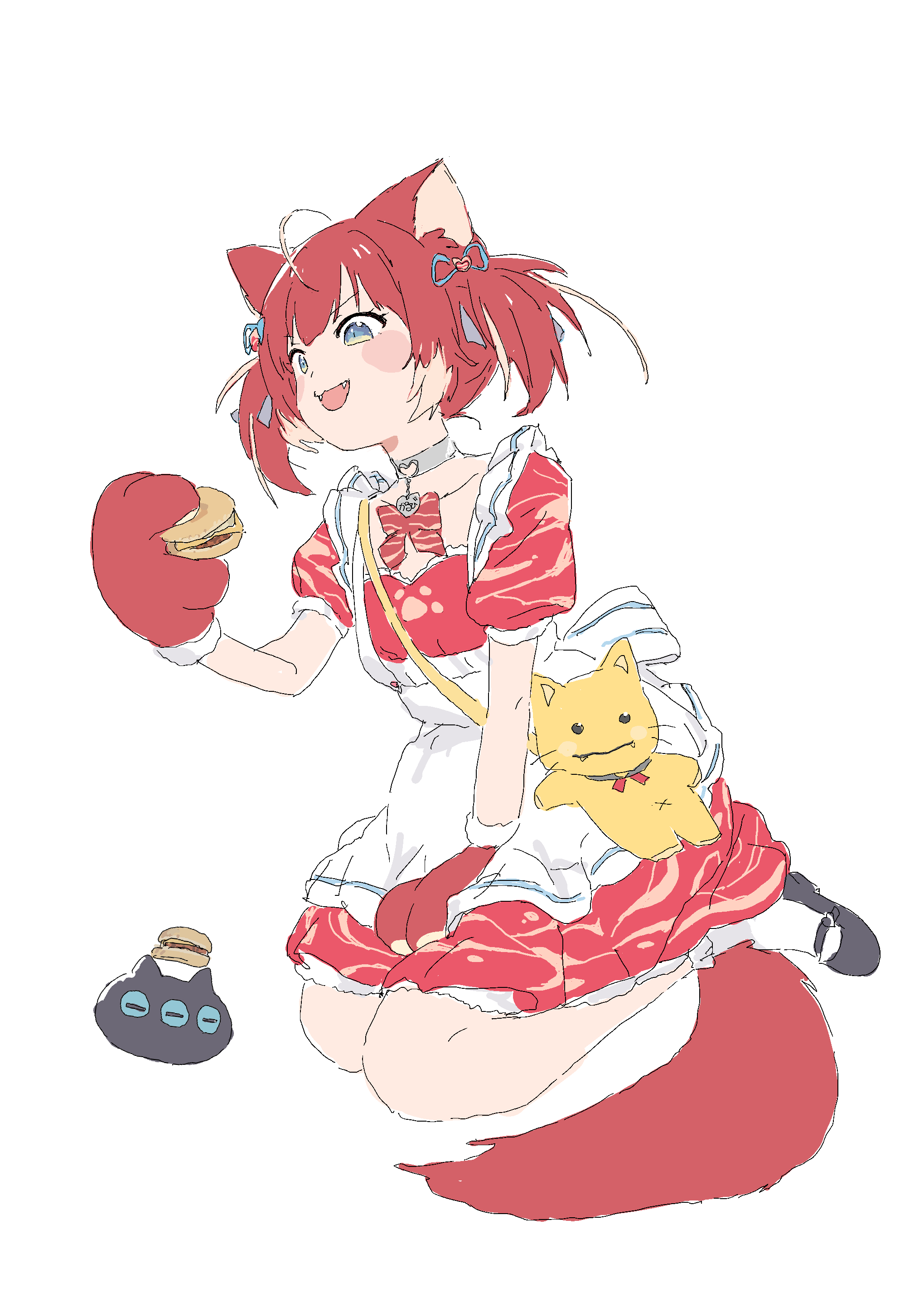 mmmkawaine, akami karubi, absurdres, highres, animal ears, apron, burger, cat ears, food, open mouth, red hair, simple background, tail, white background