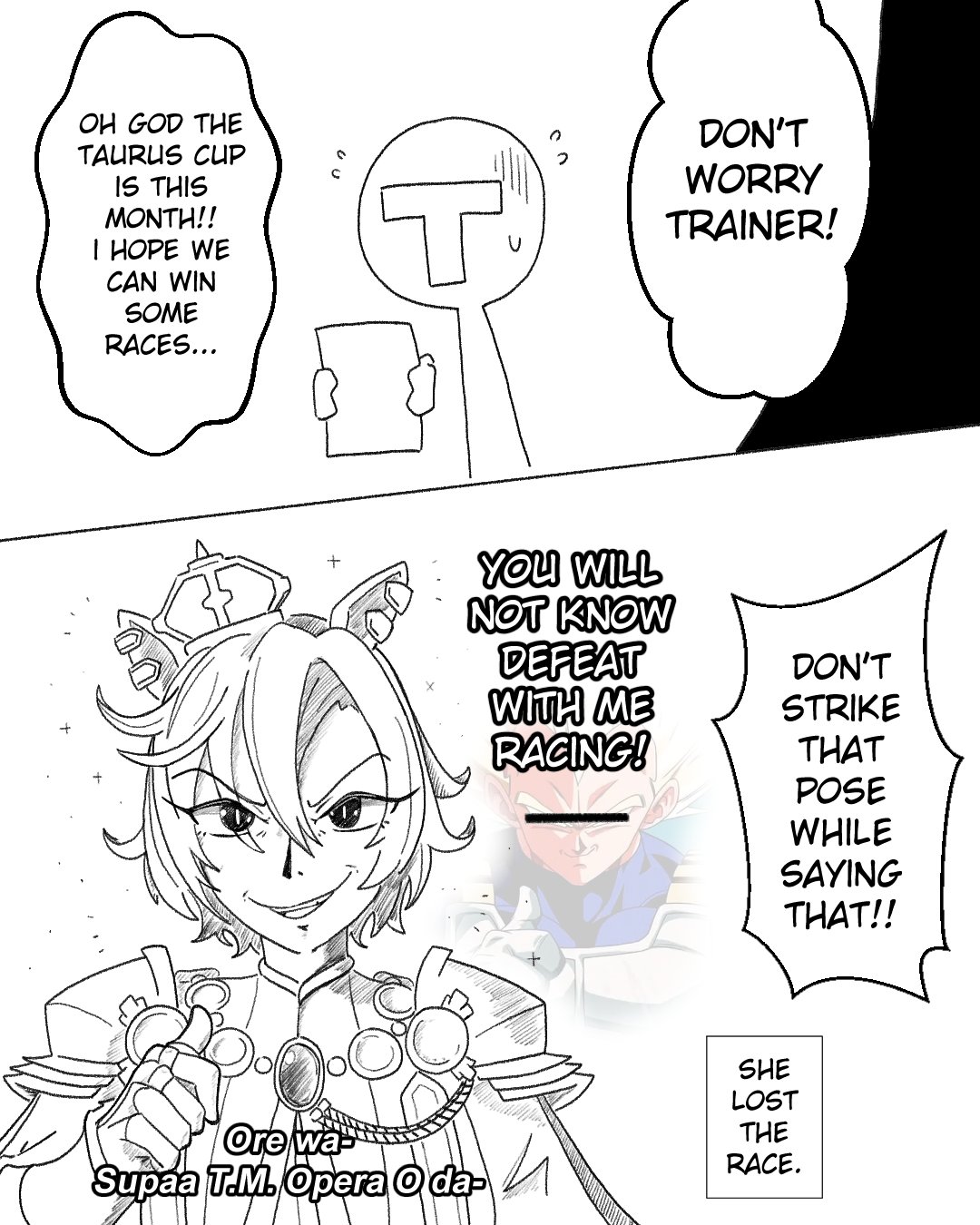 gat0w, t-head trainer (umamusume), t.m. opera o (umamusume), trainer (umamusume), vegeta, dragon ball, dragonball z, umamusume, highres, 1girl, 1other, animal ears, censored, censored identity, crown, english text, flying sweatdrops, greyscale, horse ears, horse girl, mini crown, monochrome, open mouth, pointing, pointing at self, short hair, smug, speech bubble, super saiyan, tilted headwear, upper body