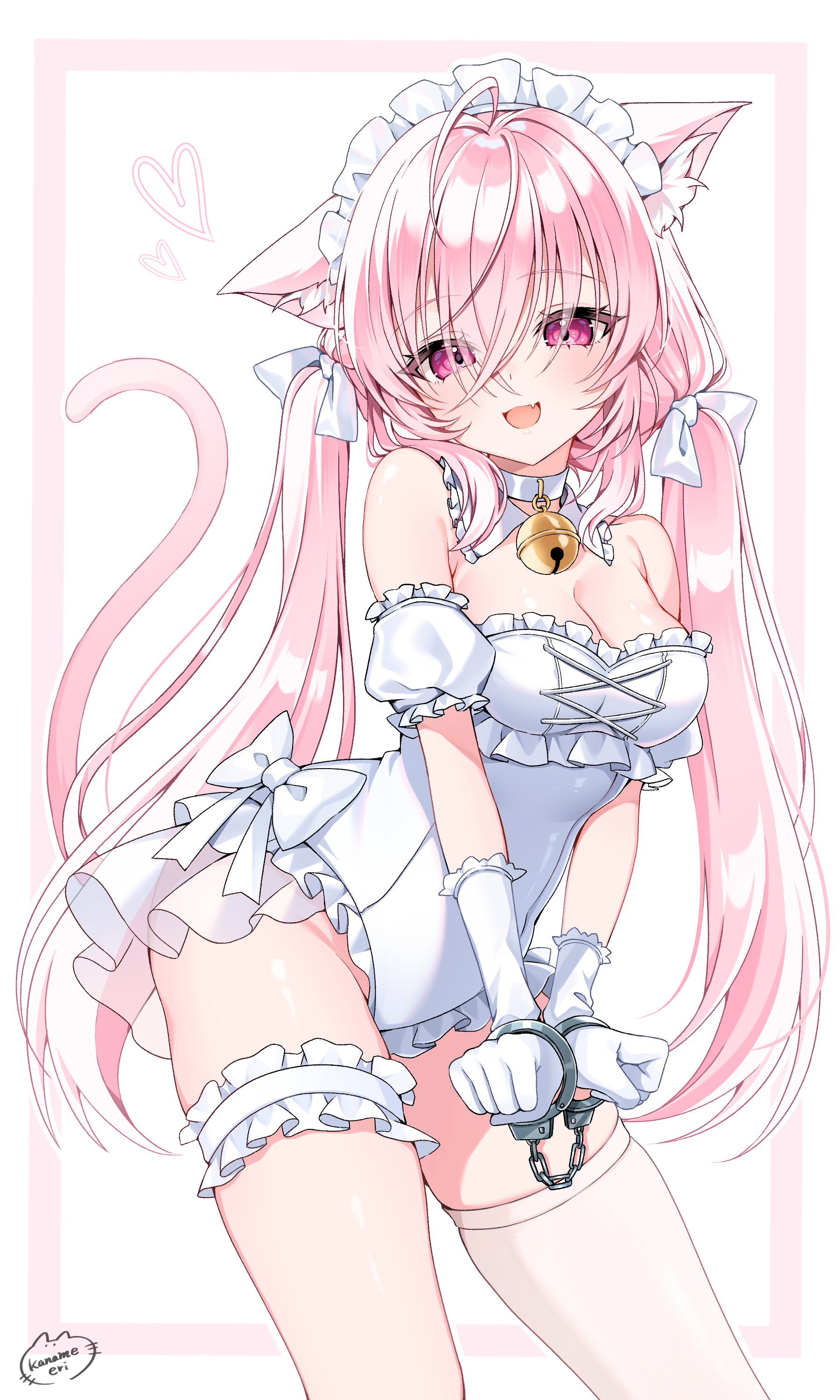 mia (mk2022), original, absurdres, highres, 1girl, :d, animal ear fluff, animal ears, bell, bow, breasts, cat ears, cat girl, cat tail, choker, cleavage, crossed bangs, cuffs, detached collar, detached sleeves, fang, frilled gloves, frilled leotard, frilled thigh strap, frills, gloves, hair bow, hair over eyes, handcuffs, leotard, long bangs, looking at viewer, maid headdress, medium breasts, neck bell, open mouth, pink eyes, pink hair, puffy detached sleeves, puffy sleeves, skin fang, smile, solo, tail, thigh strap, twintails, white bow, white choker, white leotard