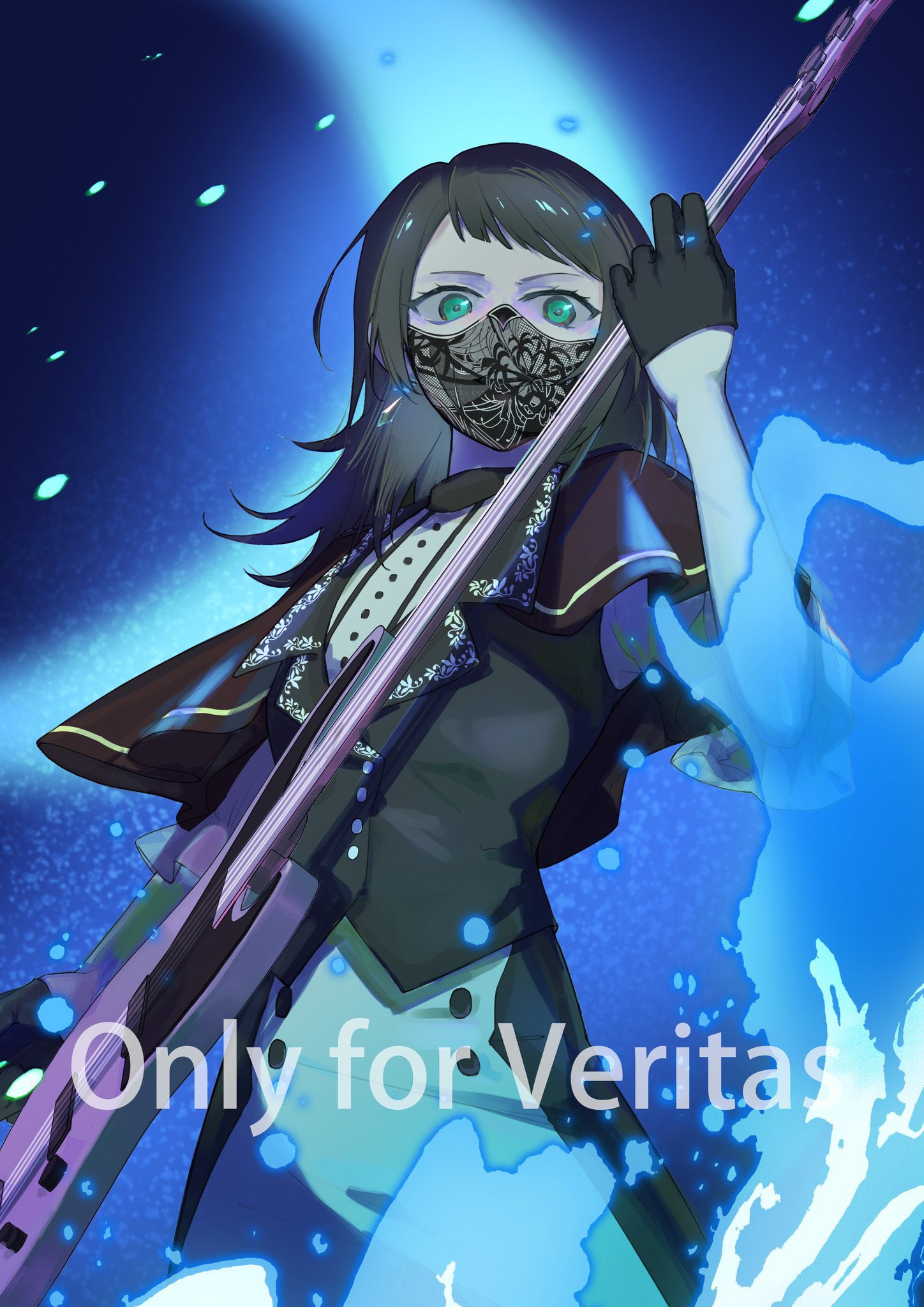 timoris (bang dream!), yahata umiri, bang dream!, bang dream! it's mygo!!!!!, commentary request, highres, 1girl, bass guitar, black gloves, black hair, black mask, black vest, blue fire, capelet, fire, flower stand art, gloves, green eyes, hayashi mujina, holding, holding bass guitar, holding instrument, instrument, mask, medium hair, mouth mask, red capelet, solo, vest