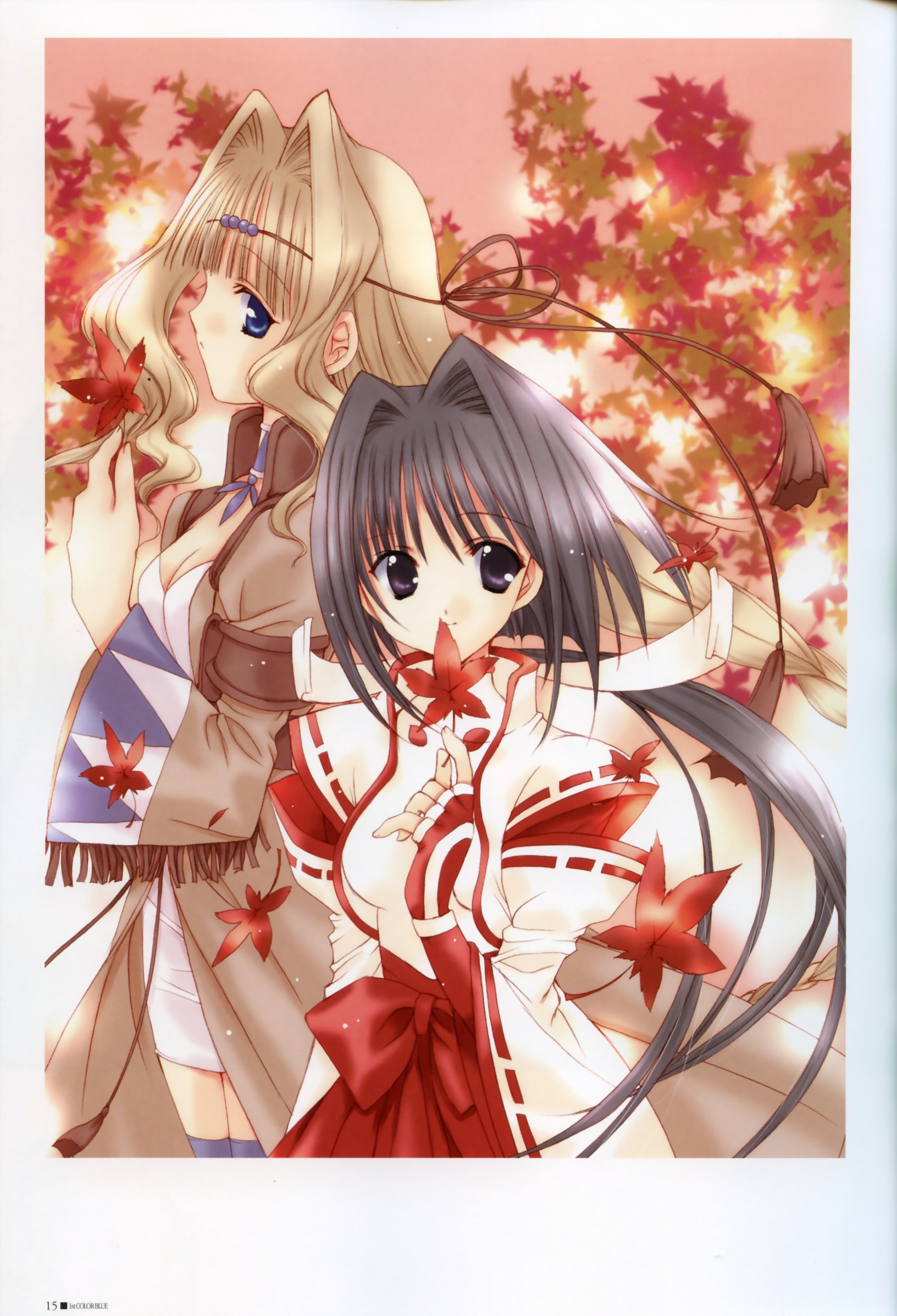 nanase aoi, kishou seireiki, seven colors of the wind, artbook, highres, bow, braid, coat, gloves, japanese clothes, lace, leaf, thighhighs, zettai ryouiki