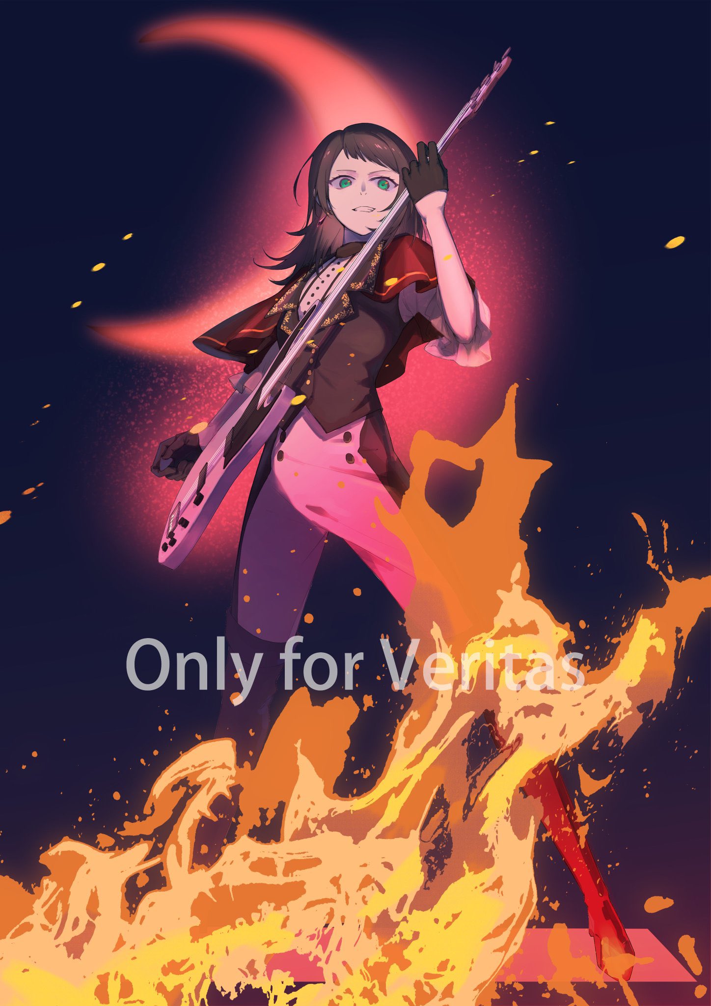 timoris (bang dream!), yahata umiri, bang dream!, bang dream! it's mygo!!!!!, commentary request, highres, 1girl, bass guitar, black gloves, black hair, black vest, capelet, fire, flower stand art, full body, gloves, green eyes, hayashi mujina, holding, holding bass guitar, holding instrument, instrument, medium hair, no mask, open mouth, red capelet, solo, standing, vest