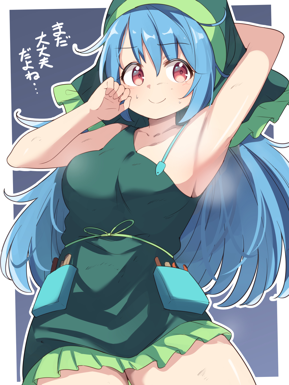 moja (moja4192), haniyasushin keiki, touhou, commentary request, highres, translation request, 1girl, adapted costume, arm behind head, armpits, blue hair, breasts, closed mouth, collarbone, cowboy shot, dirty, dot nose, dress, frilled dress, frilled scarf, frills, green dress, green headscarf, hand on own face, hand up, headscarf, light blush, long hair, medium breasts, messy hair, nervous smile, outline, pocket, sideways glance, single strap, smile, solo, standing, steaming body, white outline