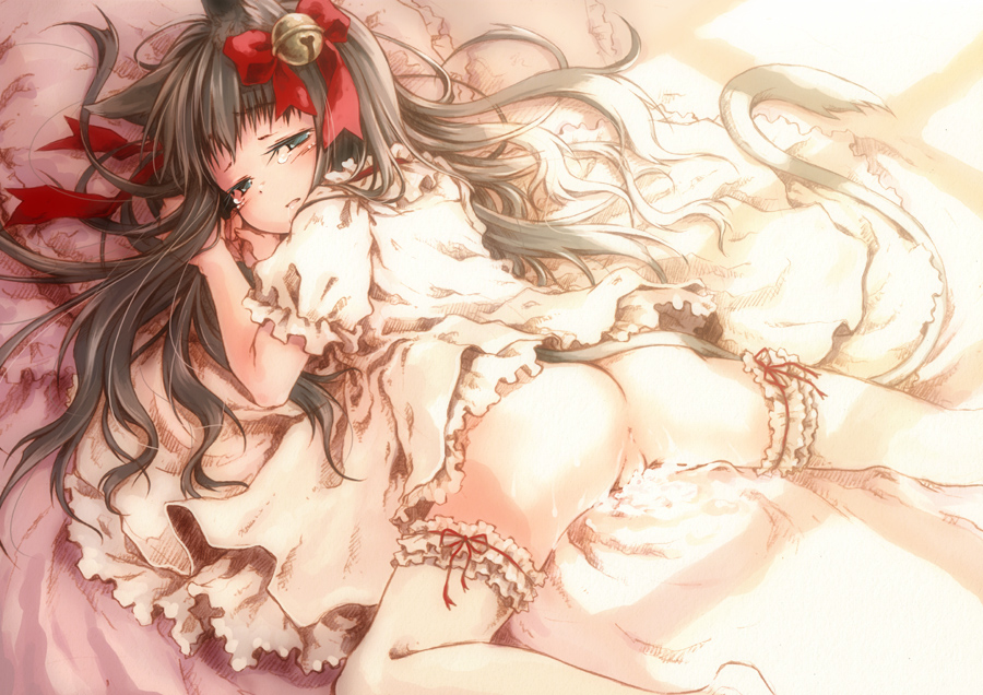 kajiya (kindergarten21), kaziya, original, lace-trimmed legwear, bad id, bad pixiv id, 1girl, aftersex, animal ears, ass, bell, black hair, bow, cat ears, cat tail, cum, cum in pussy, female focus, grey eyes, hair bow, hair ornament, hair ribbon, jingle bell, lace, lace trim, loli, long hair, lying, no panties, on stomach, ribbon, solo, spread legs, tail, tears, thighhighs