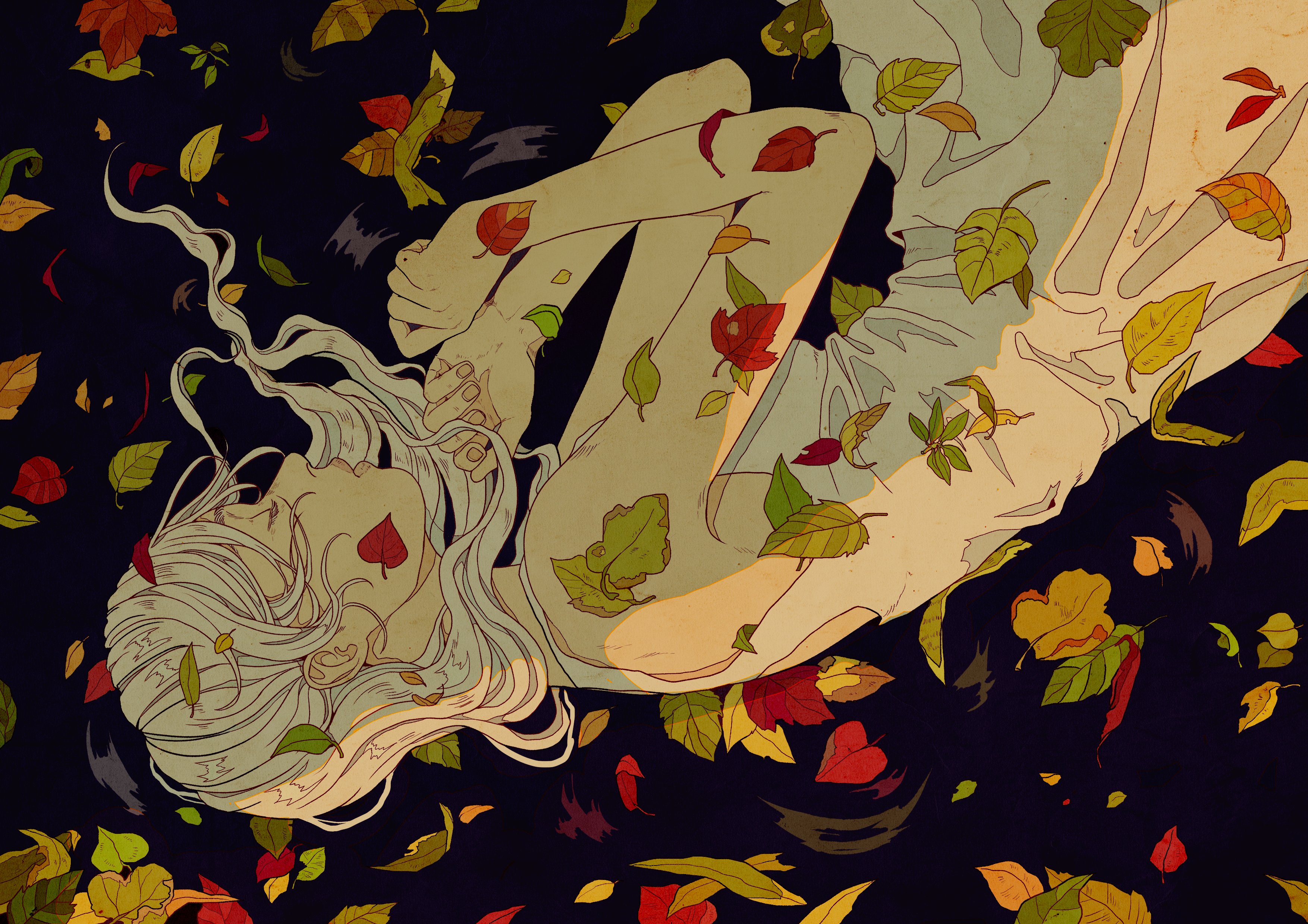 ionomycin, original, absurdres, commentary, english commentary, highres, 1girl, autumn, autumn leaves, bare shoulders, closed eyes, dress, fingernails, from side, leaf, long hair, lying, on side, pale skin, parted lips, sleeveless, sleeveless dress, solo, upper body, white dress, white hair