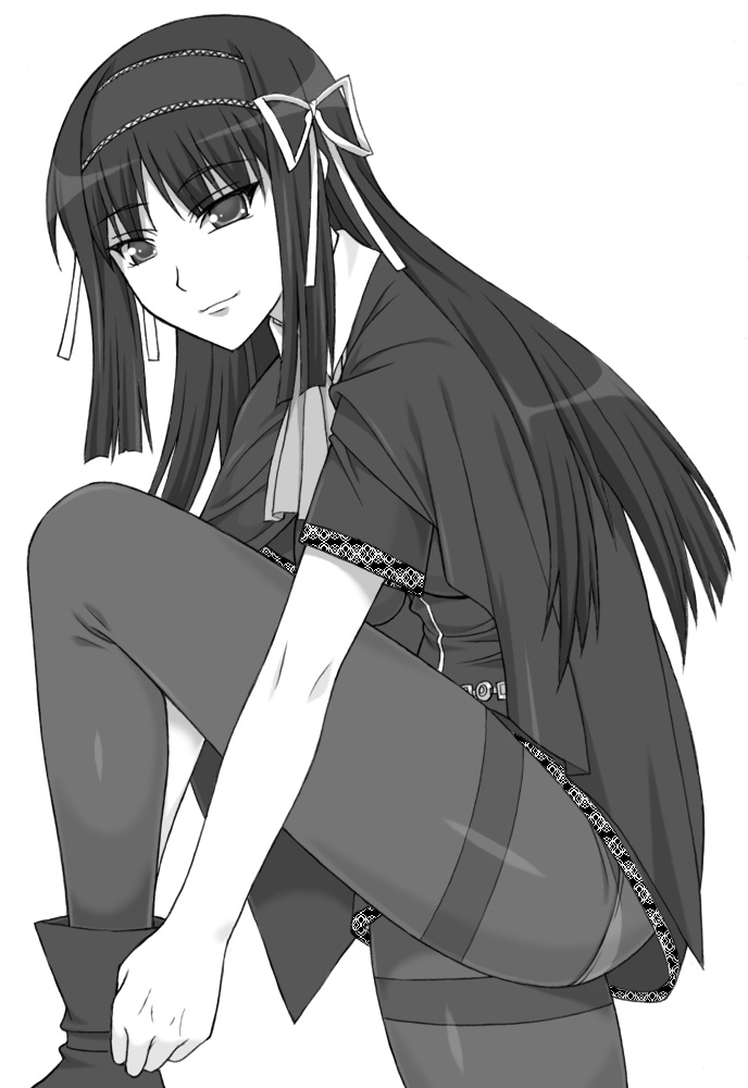shichimenchou, kuonji shinra, kimi ga aruji de shitsuji ga ore de, 00s, 1girl, black pantyhose, female focus, greyscale, legs, long hair, monochrome, panties, panties under pantyhose, pantyhose, ribbon, solo, thighband pantyhose, underwear