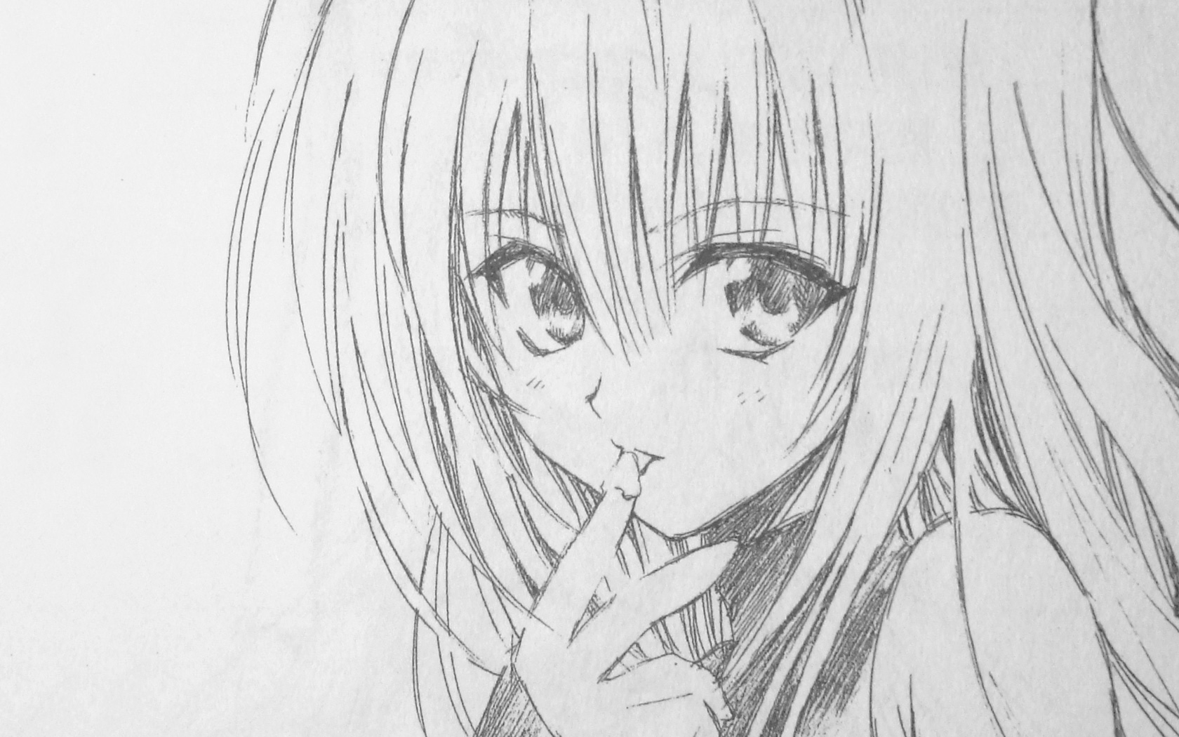 yabuki kentarou, eve (black cat), black cat (series), highres, traditional media, 00s, 1girl, female focus, greyscale, licking, licking finger, monochrome, sketch, solo