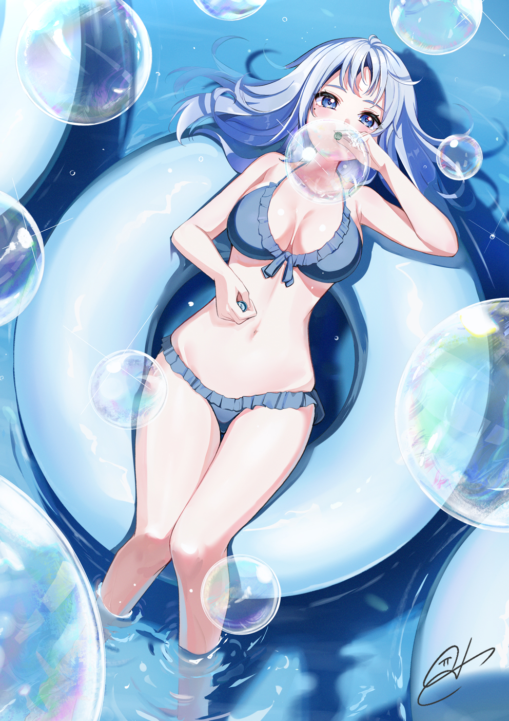 310setsu, original, highres, 1girl, afloat, bare arms, bare legs, bare shoulders, bikini, blue bikini, blue eyes, blue hair, breasts, cleavage, frilled bikini, frills, halterneck, long hair, navel, ocean, on innertube, outdoors, soaking feet, soap bubbles, swim ring, swimsuit, water, wet