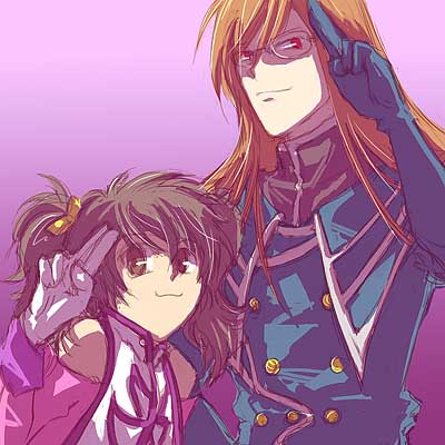 anise tatlin, jade curtiss, tales of (series), tales of the abyss, jpeg artifacts, lowres, 00s, 1boy, 1girl, oekaki, purple background, salute