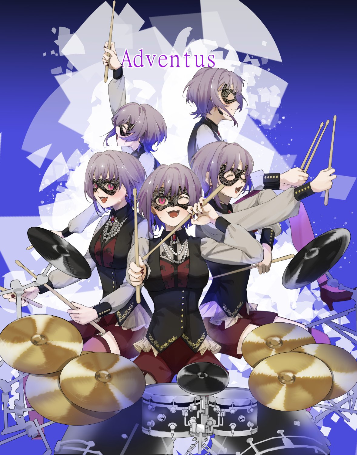 amoris (bang dream!), yuutenji nyamu, bang dream!, bang dream! it's mygo!!!!!, commentary request, highres, 1girl, :3, bead necklace, beads, black mask, black vest, breasts, closed eyes, drum, drum set, drumsticks, flower stand art, hayashi mujina, holding, holding drumsticks, instrument, jewelry, mask, masquerade mask, medium breasts, multiple views, necklace, one eye closed, open mouth, pink eyes, purple background, red brooch, red shorts, red thighhighs, shorts, thighhighs, vest